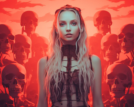 a woman with long blonde hair standing in front of a group of skullsの素材