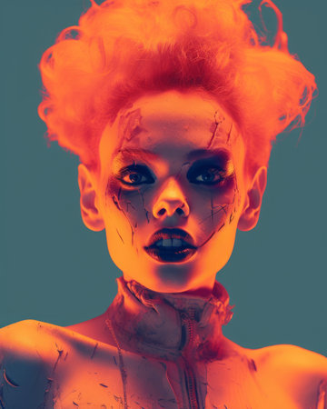 a woman with orange hair and blood on her faceの素材