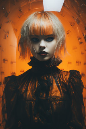 a woman with orange hair in an orange roomの素材