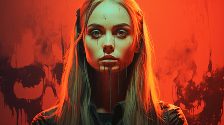 a woman with long blonde hair standing in front of a red backgroundの素材