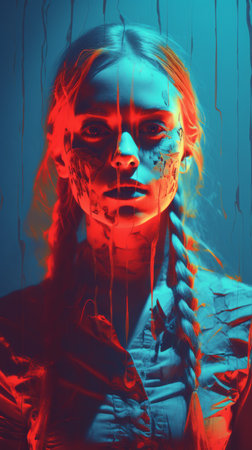a woman with red and blue paint on her faceの素材