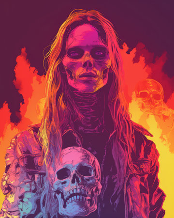 a woman with long hair and a skull on her shoulderの素材