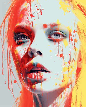 a woman with paint splatters on her faceの素材