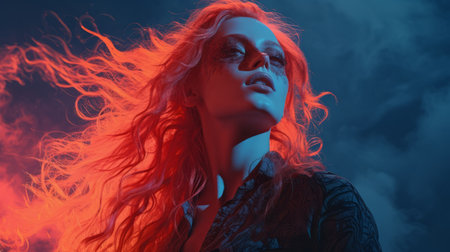 a woman with red hair and smoke coming out of her hairの素材
