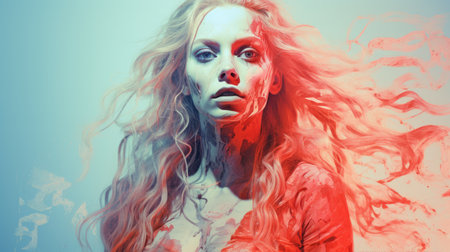 a woman with long hair and blood on her faceの素材