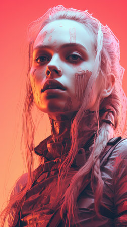 a woman with long hair and blood on her faceの素材