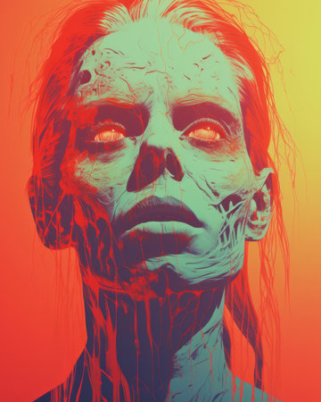 a womans face with blood on it in an orange blue and red color schemeの素材