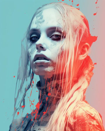 a woman with paint splatters on her faceの素材