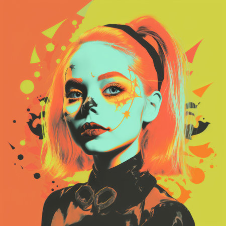 a woman with orange hair and makeup on her faceの素材