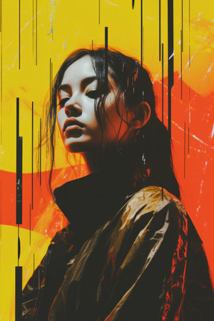 a woman with long hair and a black jacket is standing in front of an orange and yellow backgroundの素材