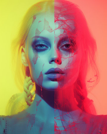 a woman with makeup on her face in front of a colorful backgroundの素材