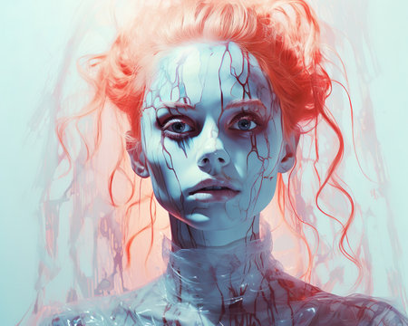a woman with red hair and blue paint on her faceの素材