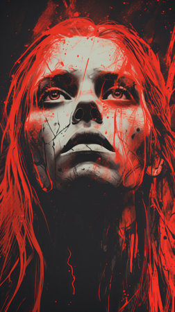 a woman with red hair and blood on her faceの素材