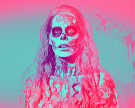a woman with pink and blue paint on her faceの素材