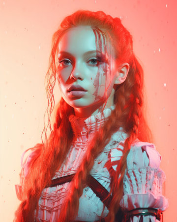 a woman with long red hair and blood on her faceの素材