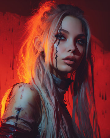 a woman with long hair and blood on her faceの素材