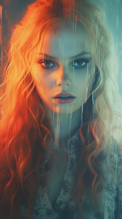a woman with red hair and blue eyes in the rainの素材