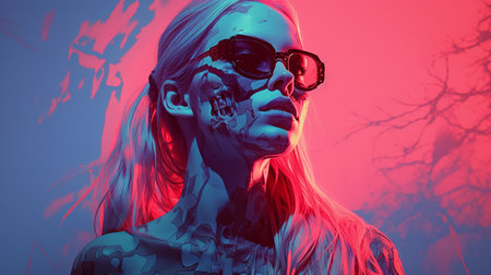 a woman with sunglasses and a skull on her faceの素材