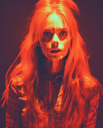a woman with red hair and makeup on her faceの素材