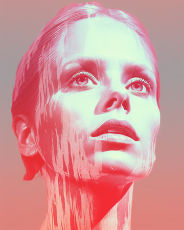 a woman with pink and red paint on her faceの素材