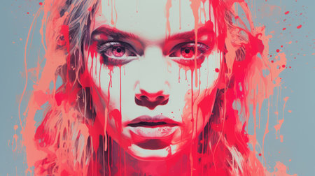 a woman with red paint on her faceの素材