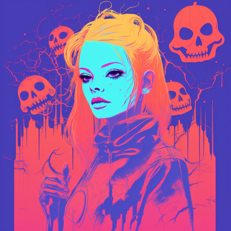 a woman with neon hair and skulls in the backgroundの素材
