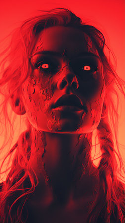 a woman with red eyes and blood on her faceの素材