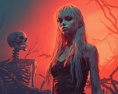 a woman with long blonde hair standing next to a skeletonの素材