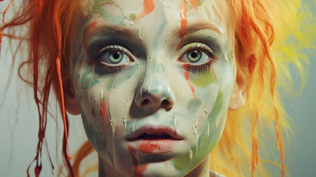 a woman with orange hair and paint on her faceの素材
