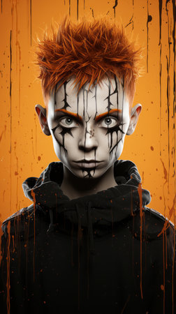 a young man with orange hair and paint on his faceの素材