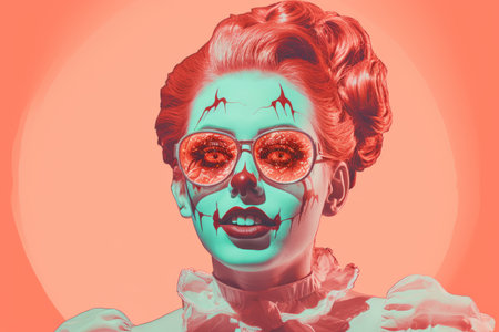 a woman with red makeup and glasses in front of an orange backgroundの素材