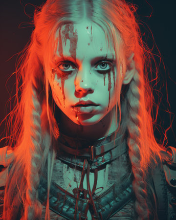 a young girl with blood on her faceの素材