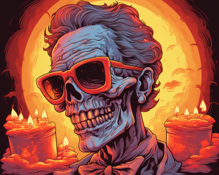 an illustration of a skeleton wearing sunglasses and holding candlesの素材
