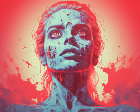an illustration of a woman with blood splatters on her faceの素材