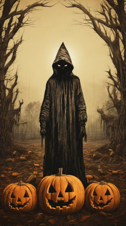 halloween scarecrow with pumpkins in the backgroundの素材