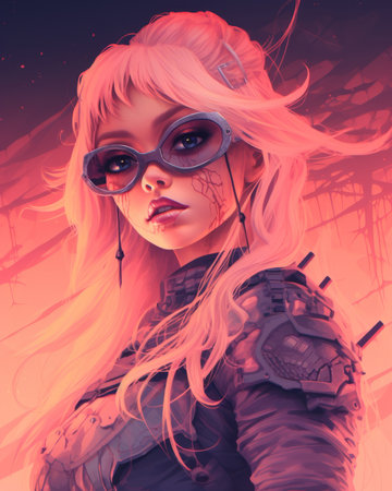 an illustration of a woman with pink hair and glassesの素材