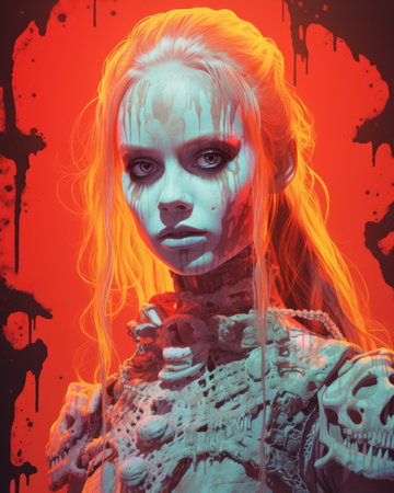 an image of a woman with red hair and blood dripping from her faceの素材