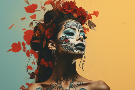 day of the dead woman with flowers on her faceの素材