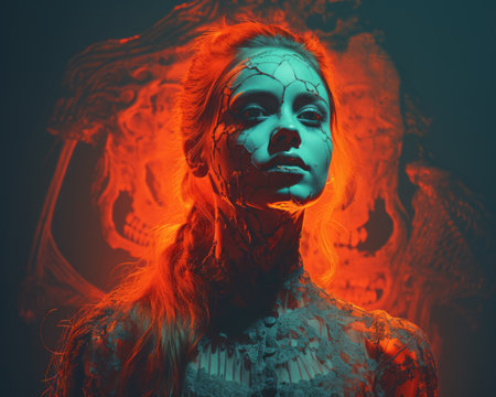 an image of a woman with red hair and a skull on her faceの素材