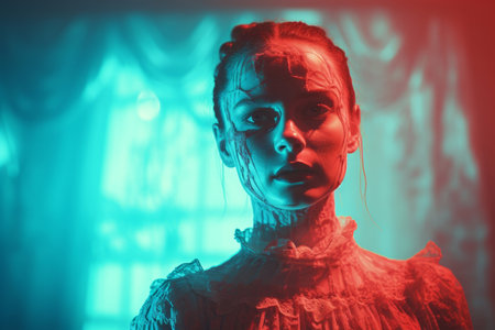 an image of a woman with blood on her faceの素材