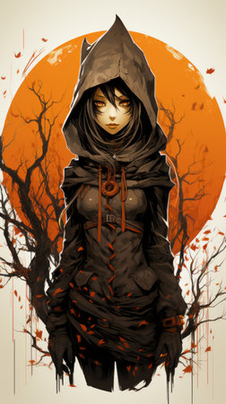an illustration of a woman in a hoodie standing in front of a treeの素材