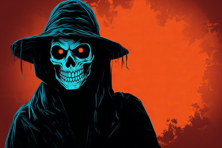 the grim reaper with glowing eyes on a red backgroundの素材