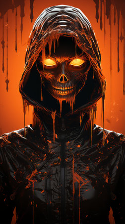 an image of a dark hooded figure with glowing eyesの素材