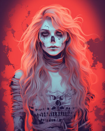 an illustration of a woman with long hair and a skeleton faceの素材