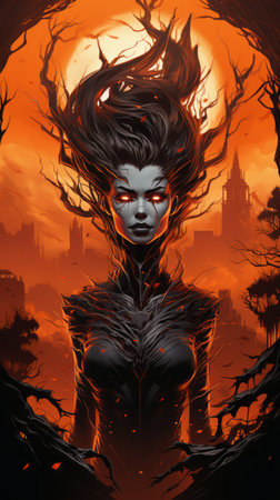 an illustration of a woman with long hair and dark hair standing in front of an orange skyの素材