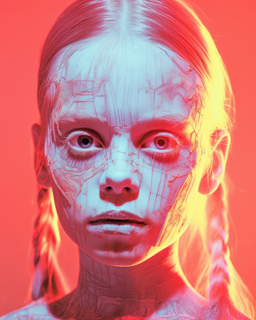 an image of a young girl with her face covered in paintの素材