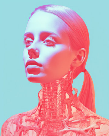 an image of a woman with pink and blue hairの素材