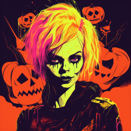an illustration of a girl with orange hair and a pumpkin on her headの素材
