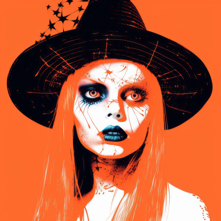 an orange and black illustration of a woman wearing a witch hatの素材