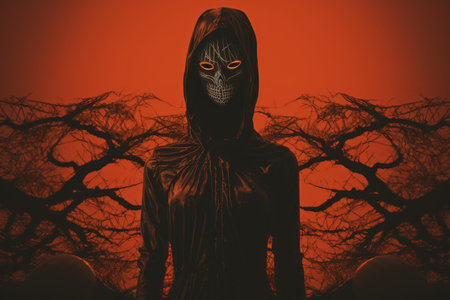the grim reaper is standing in front of a red backgroundの素材